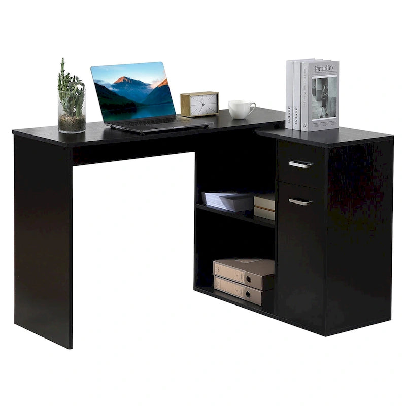Bureau d'ordinateur moderne en L avec support rotatif et rangement intégré pour bureaux à domicile ou petits espaces