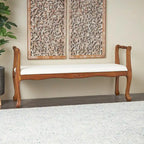 Banc en tissu avec pieds tournés en bois traditionnel marron - Crème