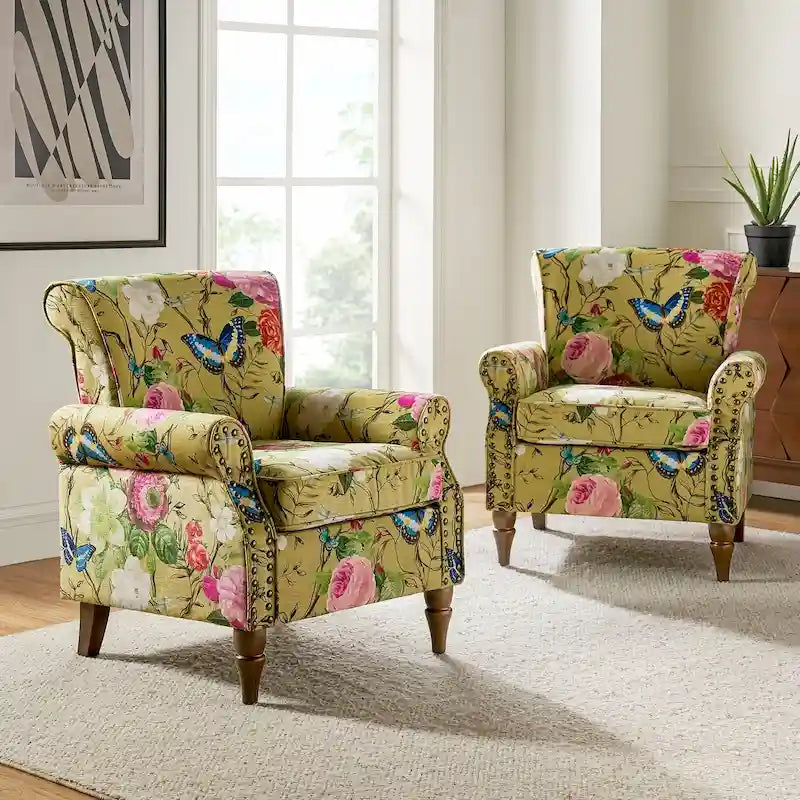 Fauteuils d'appoint traditionnels en polyester Nyctelius avec motif et garniture cloutée (lot de 2)