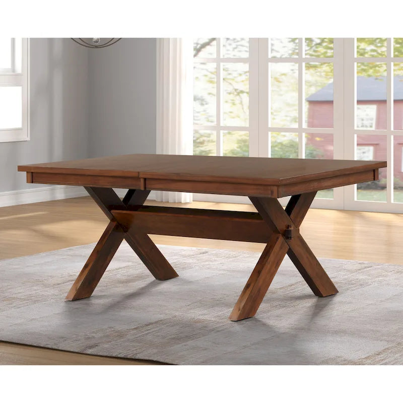 Table à manger extensible Karven Wood Trestle avec rallonge, Noisette foncée