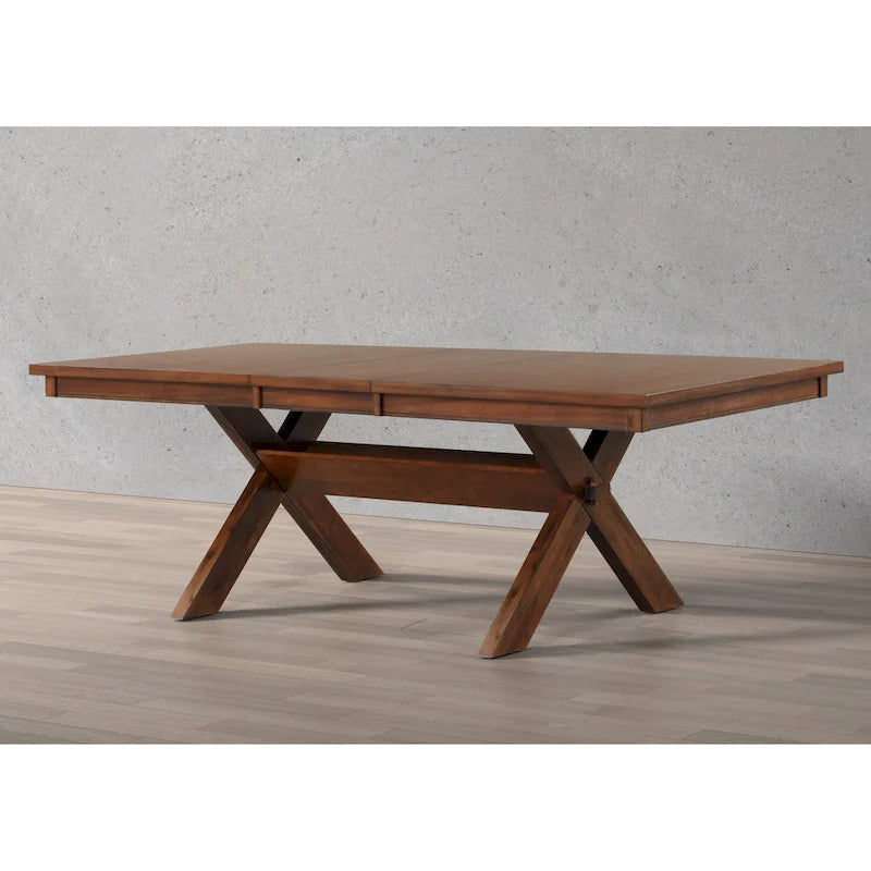 Table à manger extensible Karven Wood Trestle avec rallonge, Noisette foncée
