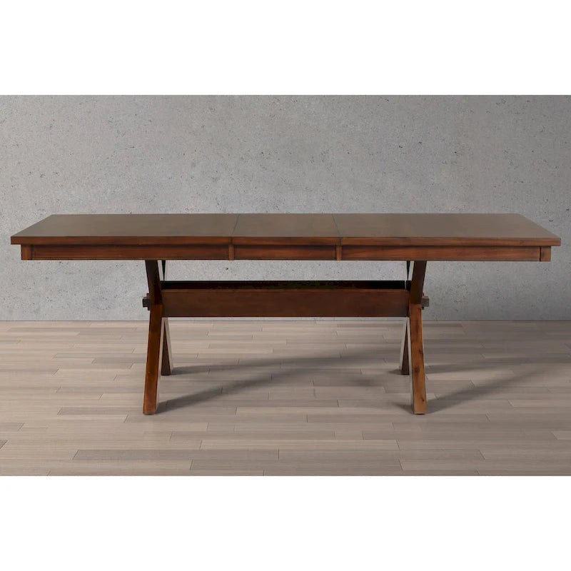 Table à manger extensible Karven Wood Trestle avec rallonge, Noisette foncée