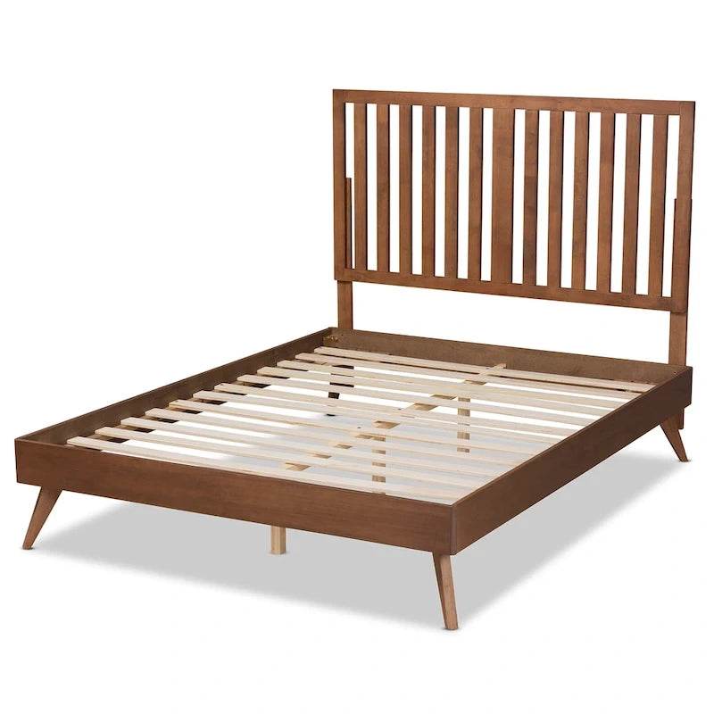 Lit plateforme en bois à finition noyer marron Saki Mid-Century Modern