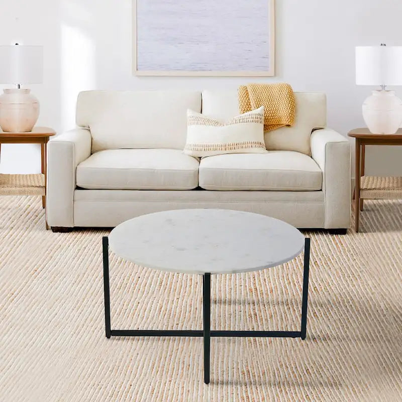 Ivy 30 Inch Marble Top Round Coffee Table with Metal Frame, White and Black