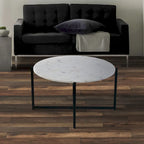 Table basse ronde Ivy de 30 pouces avec plateau en marbre et cadre en métal, blanc et noir