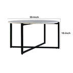 Table basse ronde Ivy de 30 pouces avec plateau en marbre et cadre en métal, blanc et noir