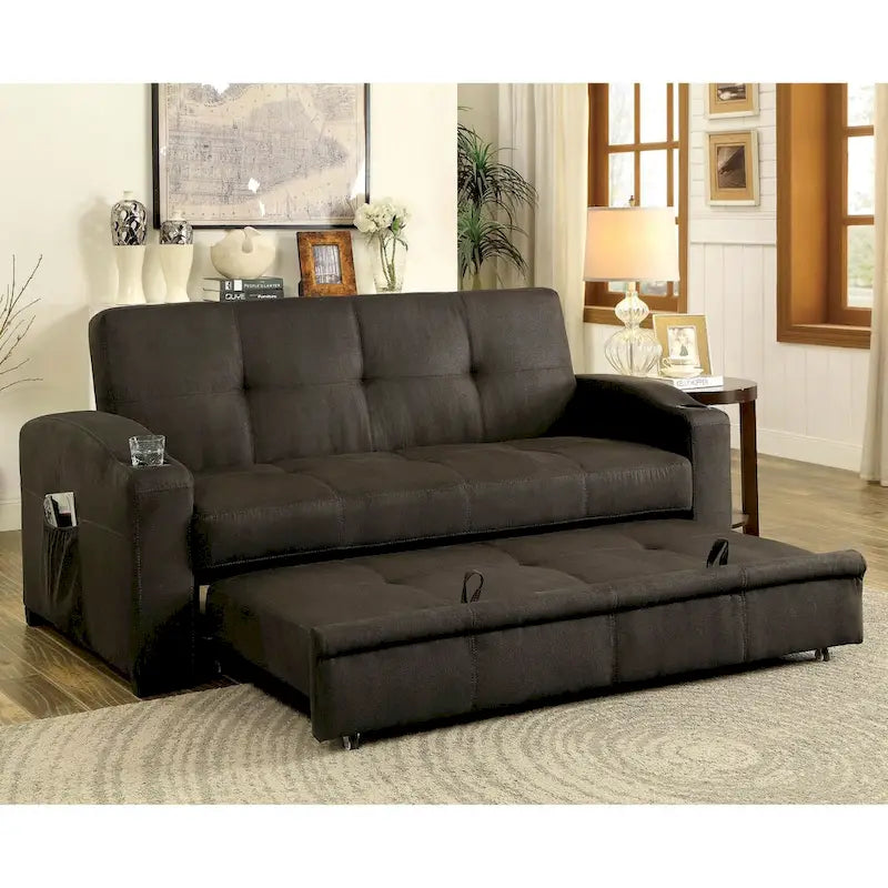 Canapé futon de rangement capitonné en tissu marron de transition