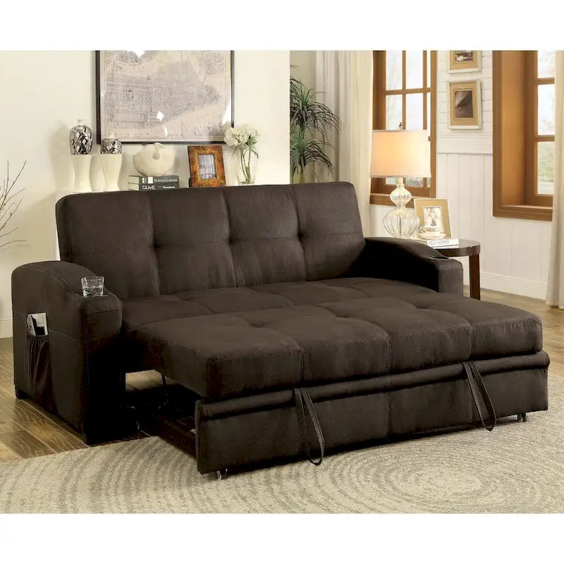 Canapé futon de rangement capitonné en tissu marron de transition