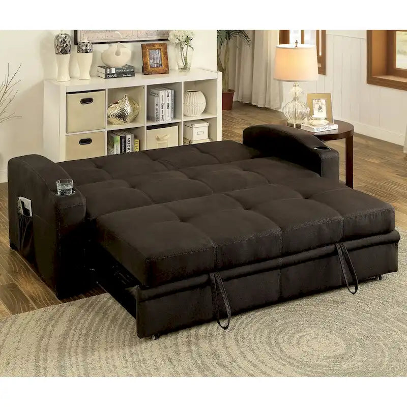 Canapé futon de rangement capitonné en tissu marron de transition