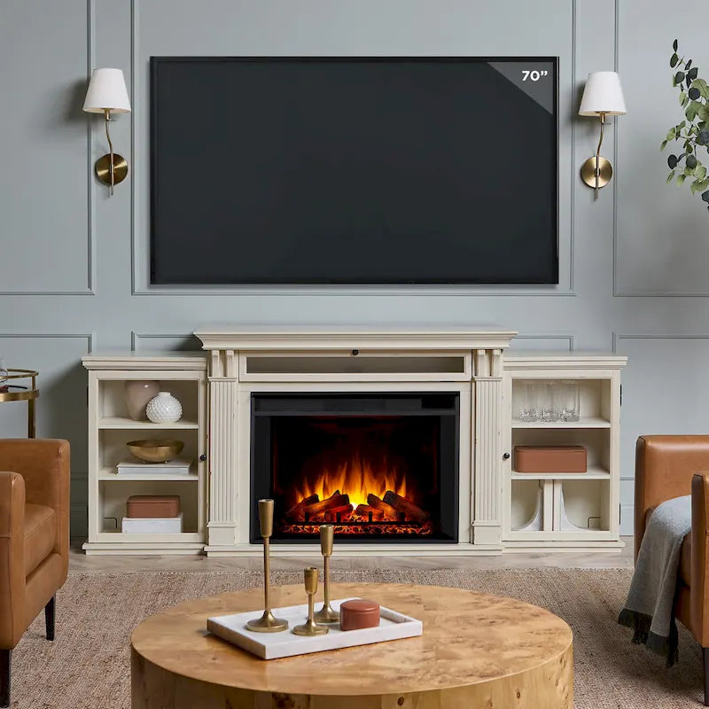 Meuble TV avec cheminée électrique Tracey 84 Blanc vieilli