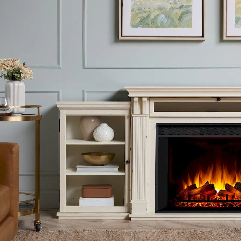 Meuble TV avec cheminée électrique Tracey 84 Blanc vieilli