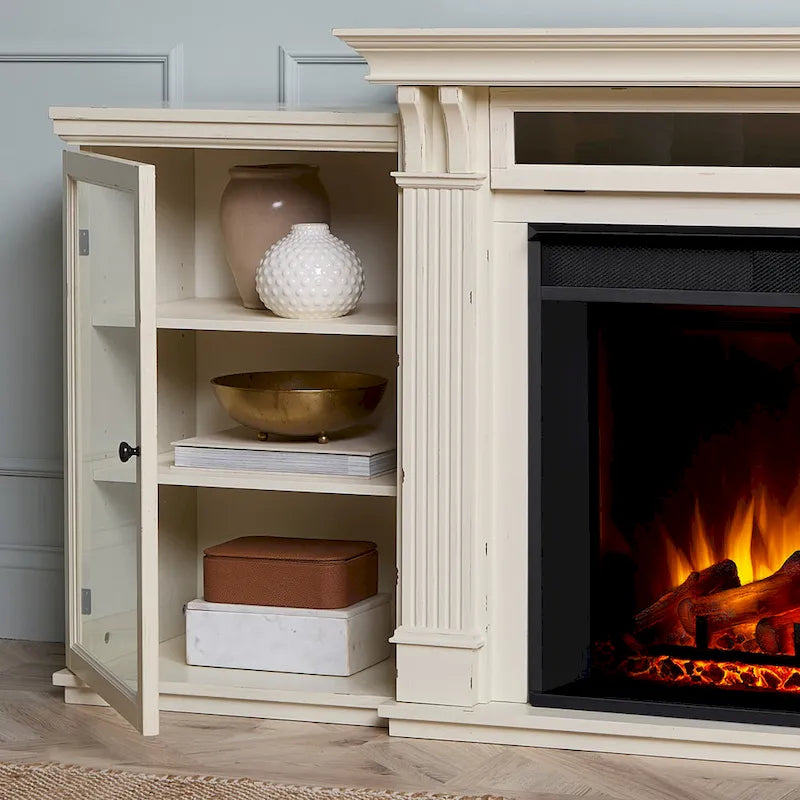 Meuble TV avec cheminée électrique Tracey 84 Blanc vieilli