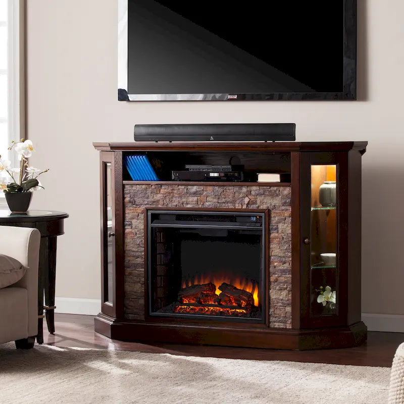 Meuble TV d'angle Hermon avec foyer électrique en fausse pierre