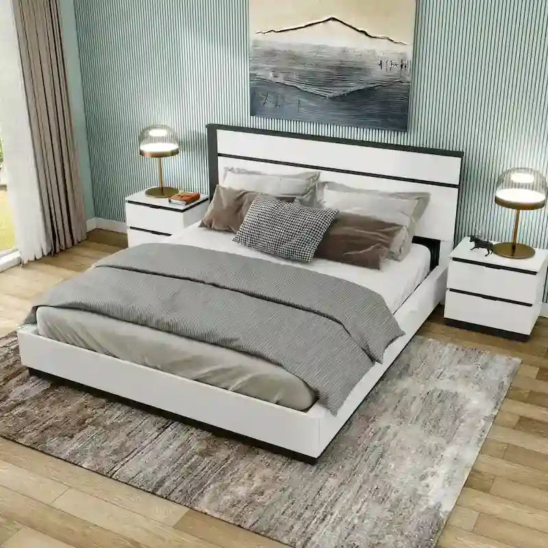 Chambre à coucher moderne en bois blanc 3 pièces avec plateforme (USB)