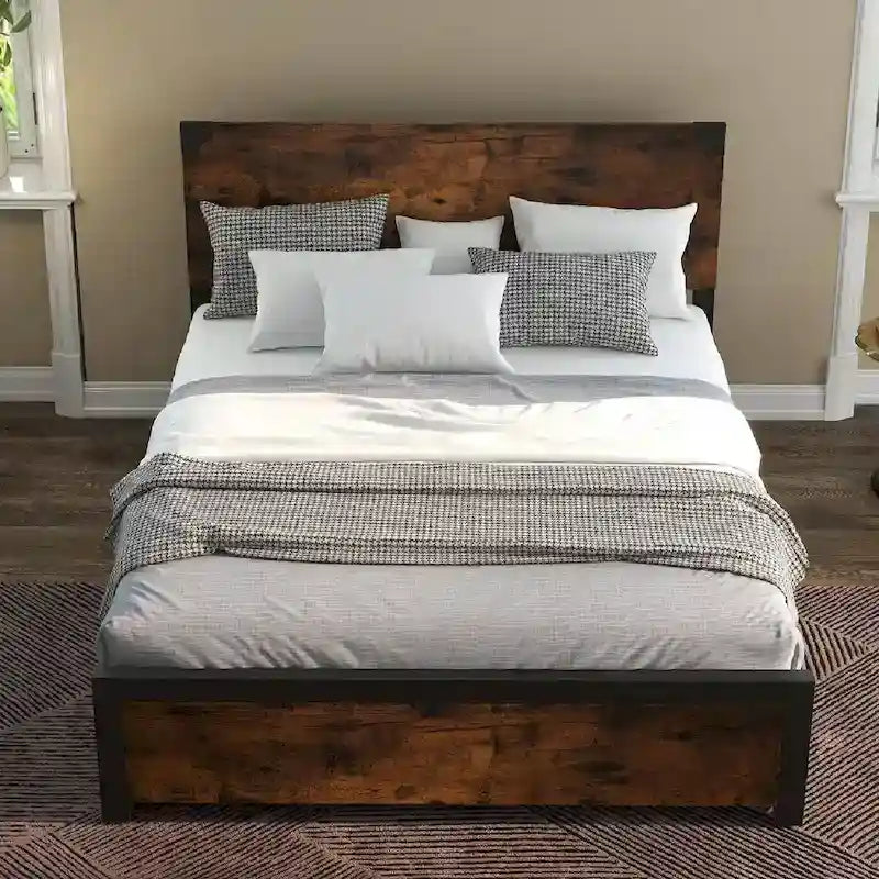 Cadre de lit Queen-Size rustique avec tête de lit en bois