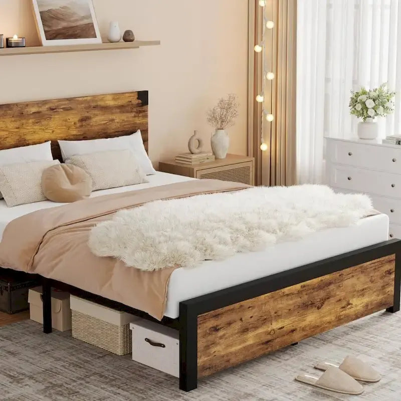 Cadre de lit Queen-Size rustique avec tête de lit en bois