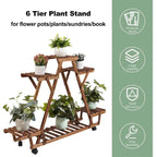 Étagère à plantes d'extérieur mobile en bois à 6 niveaux pour jardin