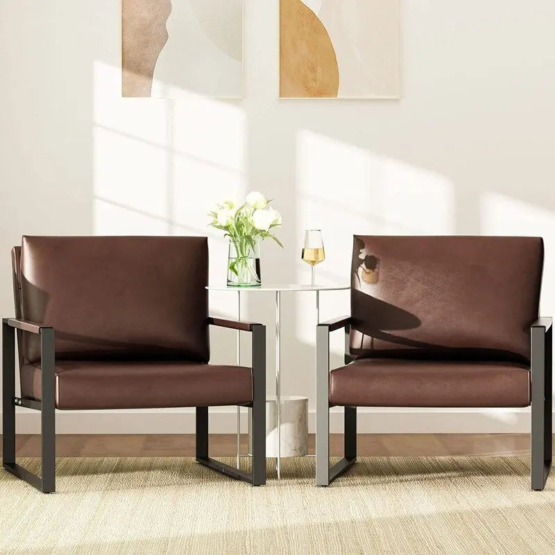 Fauteuils Modernes Vintage Rembourrés en Cuir PU, Fauteuils d'Appoint du Milieu du Siècle avec Cadre en Acier, Chaises de Salon (Lot de 2)