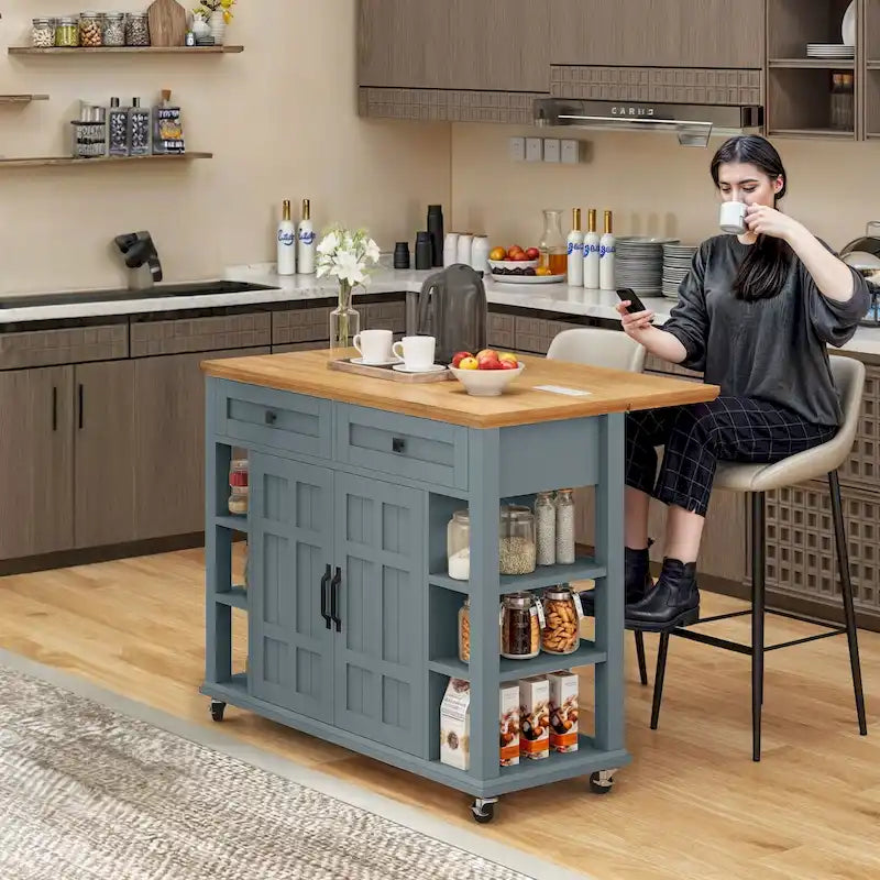 Meuble îlot de cuisine roulant de 114 cm avec rangement et tiroirs, table de bar extensible avec roulettes verrouillables