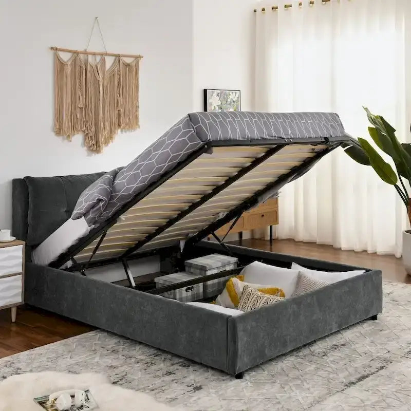 Lit plateforme rembourré de rangement avec tête de lit pour grand lit/très grand lit